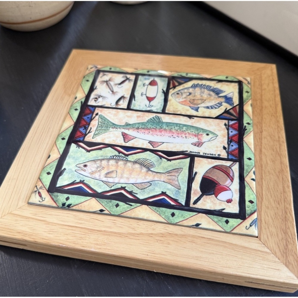 Donna Jensen Ceramic Tile Trivet Fish Fishermen Fishing Lure Vintage Wall Trivet